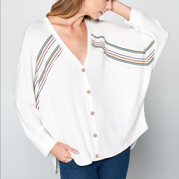 NWT Hummingbird Batwing White Oversized Slouchy Waffle Top Women's Size Medium - Picture 2 of 8